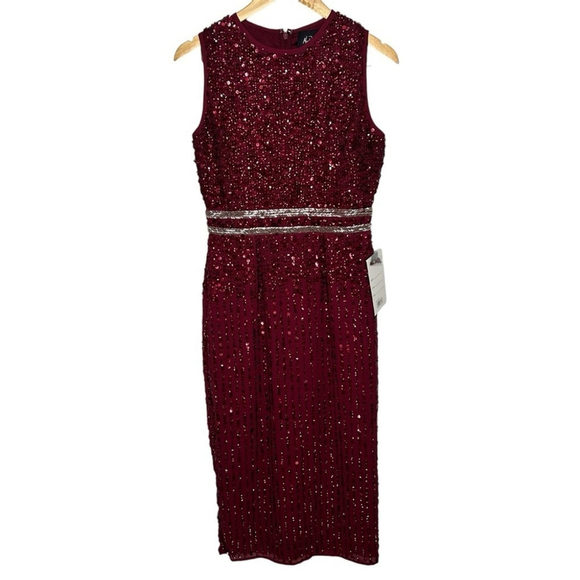 Mac Duggal 10509 Burgundy Sleeveless High Neck Beaded Midi Sheath Dress MOTB 6 - Picture 3 of 13